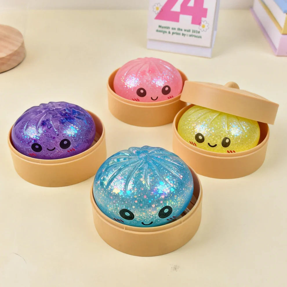 Colorful Dumpling Squishes Stress Balls Fidget Sensory Toys Simulation Food Squishies Bun with Steamer Squeeze Dough Ball Toys